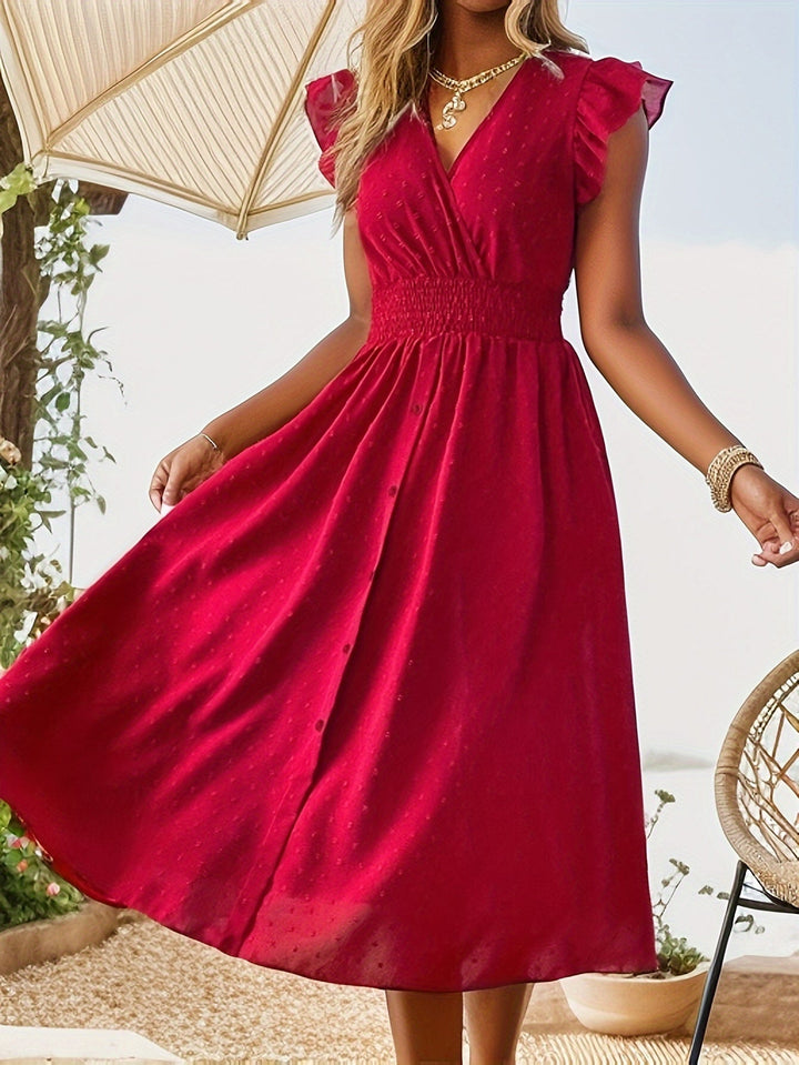 Women's flowy midi dress with V-neck, elegant ruffle sleeves, and a flattering smocked waist in red.