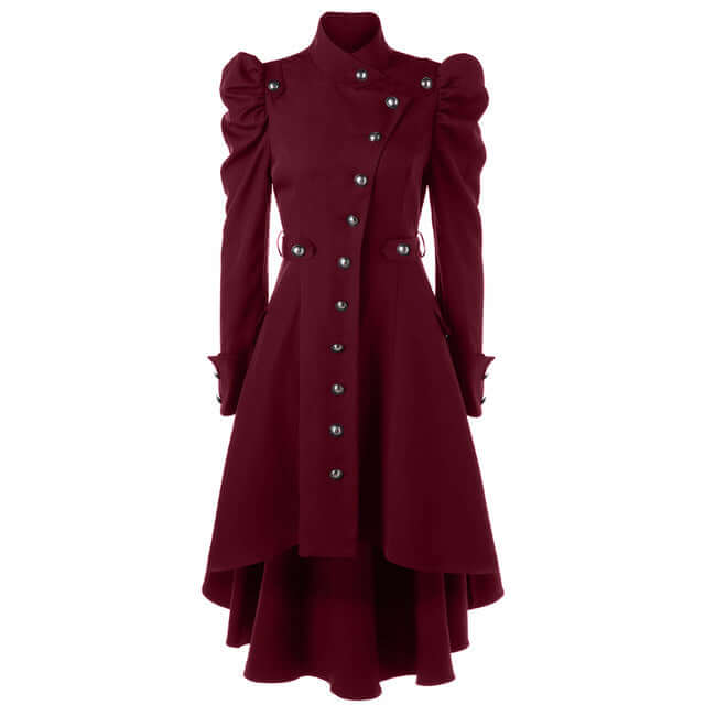Elegant retro midi jacket for women, distinctive standing collar detail.