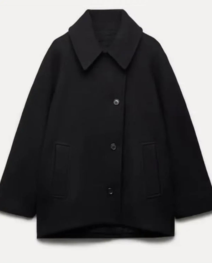 Modern women's short coat, an elegant jacket for a chic everyday style and winter layering.