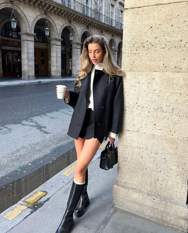 Women's fashion short coat jacket, elegant outerwear designed for a chic winter look.