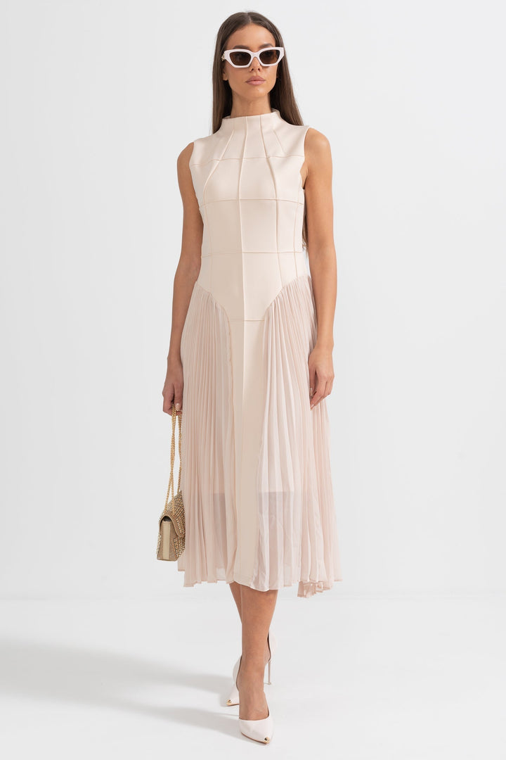 Formal women's pleated sleeveless midi cocktail dress, ideal for special occasion evening wear.