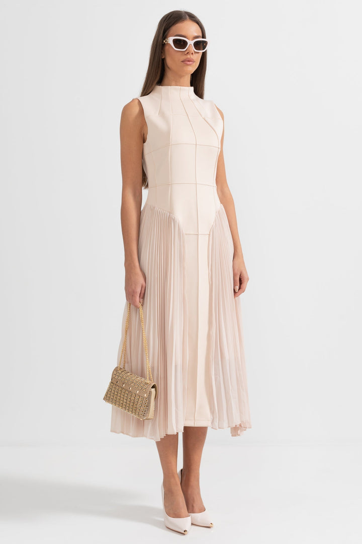 Chic women's beige sleeveless pleated midi dress, an elegant choice for cocktail events & formal wear.