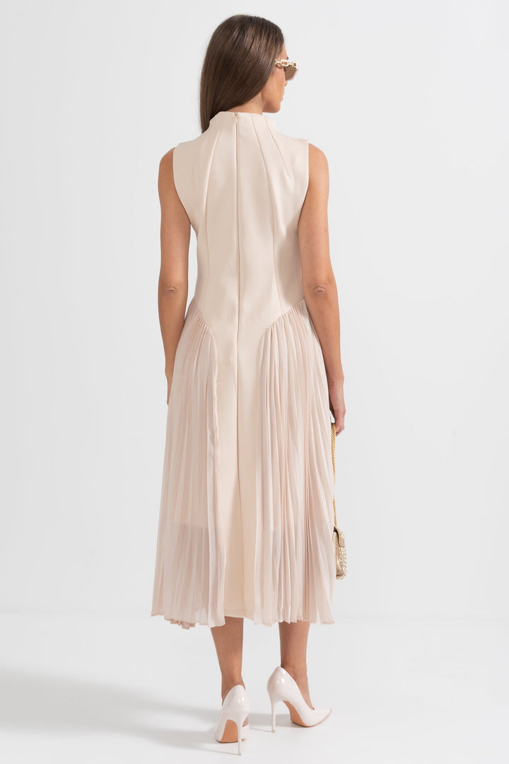 Stylish sleeveless pleated midi cocktail dress for women, perfect for evening wear & formal occasions.