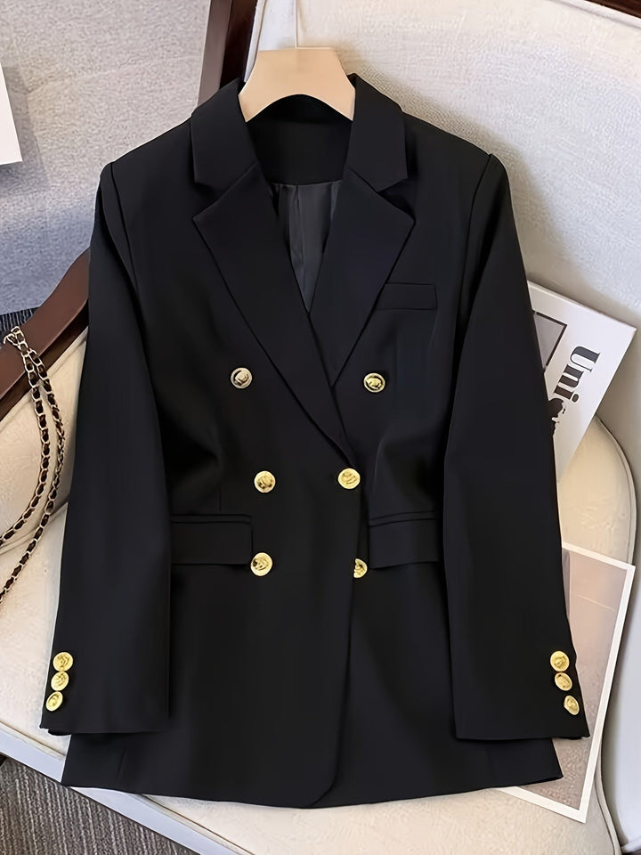 Women's elegant slim-fit blazer with prominent golden buttons, perfect for professional or formal business attire.