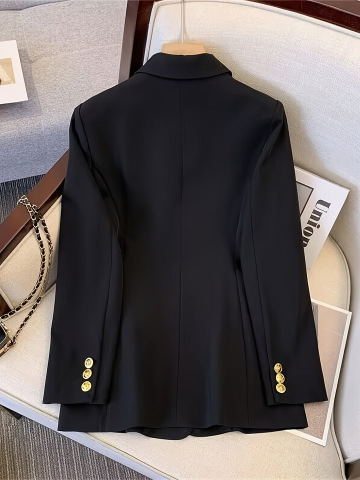 Chic apricot women's slim blazer featuring elegant golden buttons, suitable for office and formal occasions.