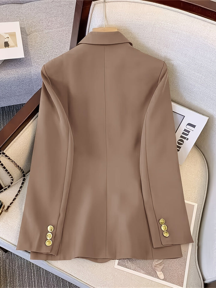 Black women's elegant blazer, slim fit, with eye-catching golden buttons for a polished, formal look.