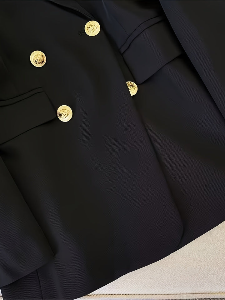 Fashionable women's formal blazer, a slim jacket silhouette featuring stylish golden buttons for a sharp look.