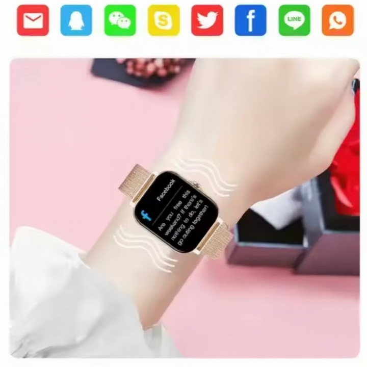 Wearable tech: women's touchscreen smartwatch delivering smart notifications and activity tracking.