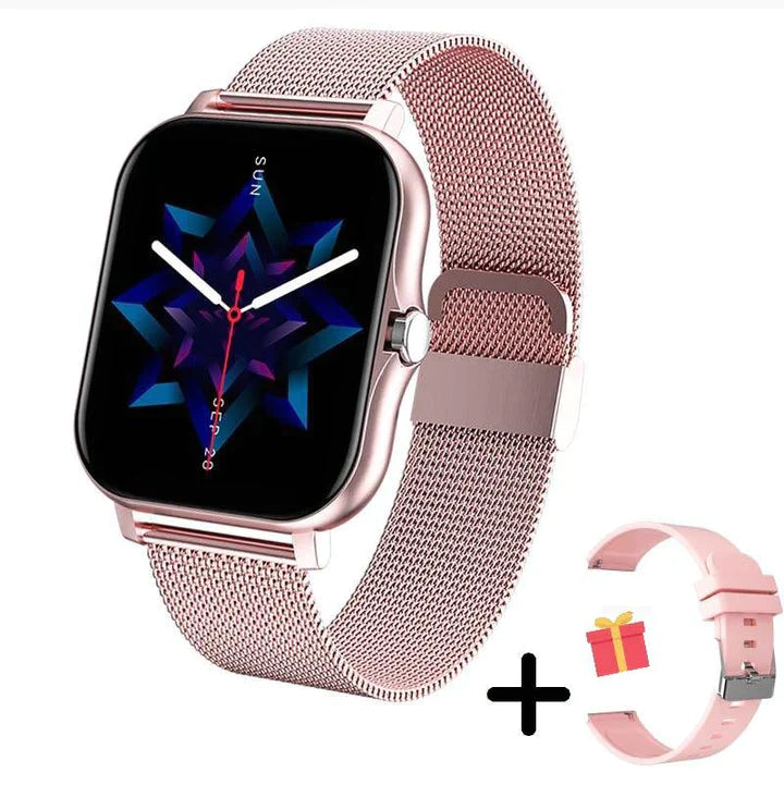 Close-up of elegant women's smartwatch touchscreen displaying fitness data and notifications.