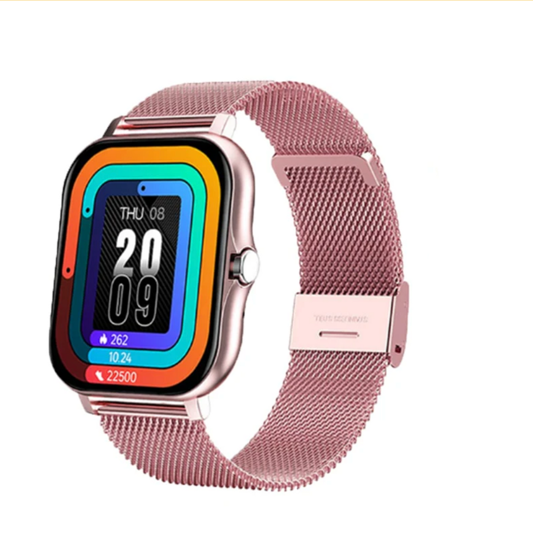 Woman wearing elegant smartwatch, tracking her run; a stylish health monitor and fitness companion.