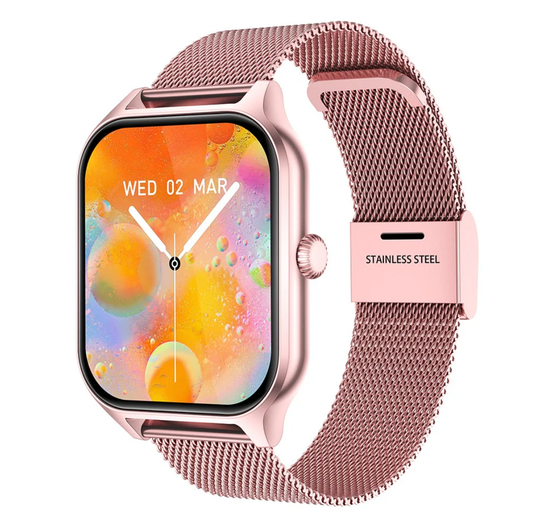Smart women's watch with intuitive touch screen, health monitor, and message notifications.