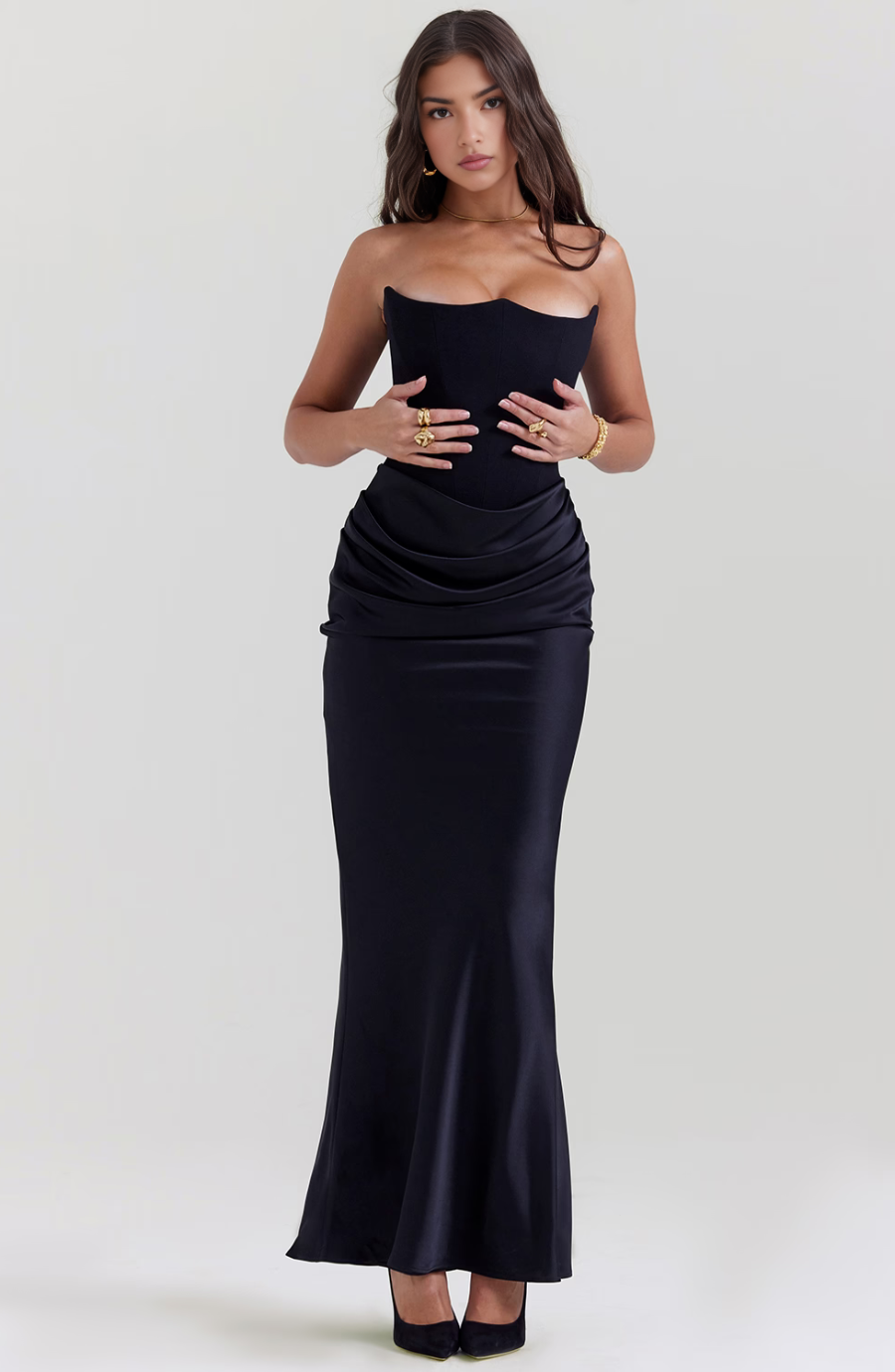 Formal women's strapless corset maxi dress, ideal for upscale events, galas & evening wear.