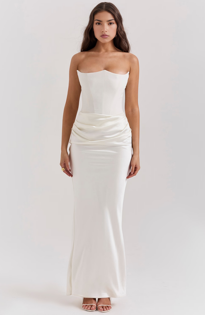 Chic strapless corset maxi dress for women, perfect for elegant evenings, parties, and formal events.