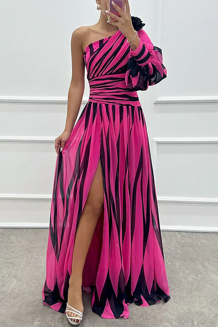 Stylish women's one-shoulder maxi dress with elegant stripes, a chic choice for parties, resort wear & summer fashion.