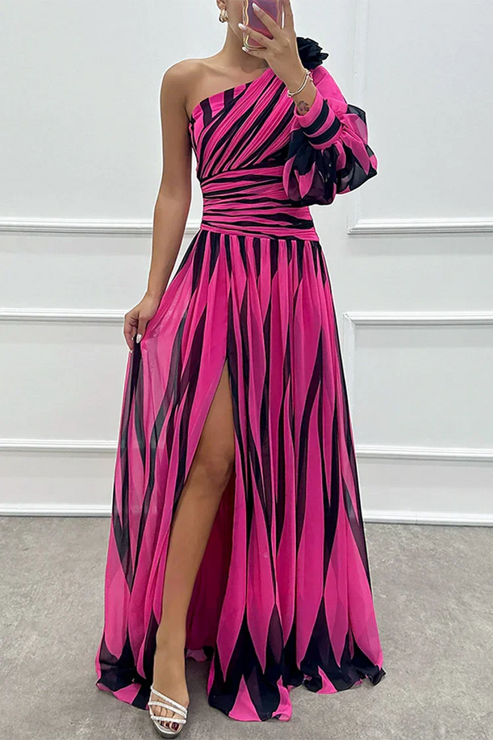 Stylish women's one-shoulder maxi dress with elegant stripes, a chic choice for parties, resort wear & summer fashion.