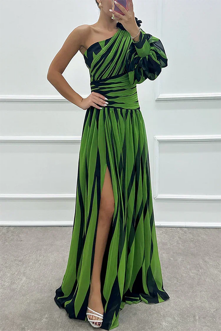 Elegant women's striped one-shoulder maxi dress; a versatile choice for formal events, summer fashion & parties.