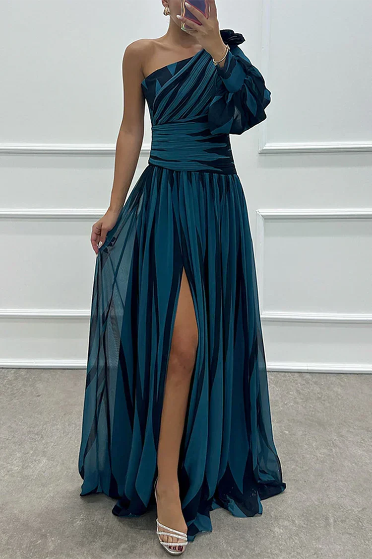 Fashionable women's striped one-shoulder maxi dress. Elegant, flowy, and perfect for summer, formal, or party wear.
