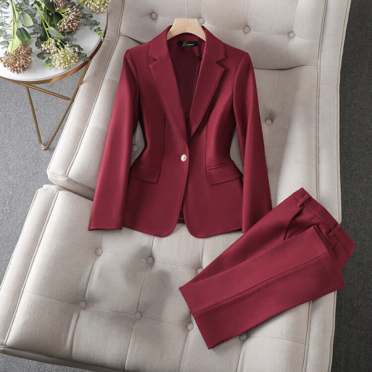 Tailored women's blazer and pants set for a sharp, professional look. Versatile for office or formal events.