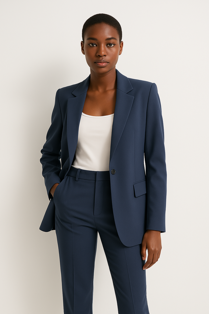 Women's elegant tailored blazer & trousers professional set, perfect for business attire & formal wear.