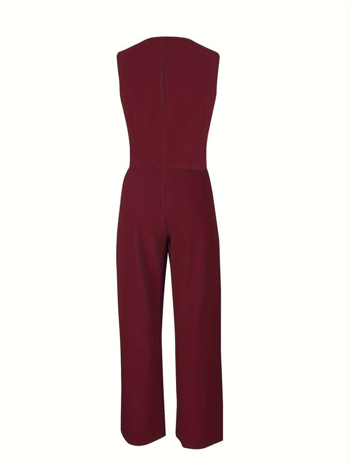 Detailed view of the premium tailoring on this women's two-piece vest and wide-leg pant suit.