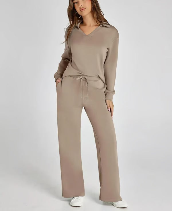 Women's two-piece comfort set with a relaxed fit top and drawstring elastic waist pants.