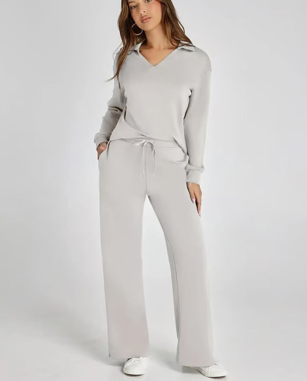 Women's collared top & drawstring pants loungewear set, soft, elegant & versatile.