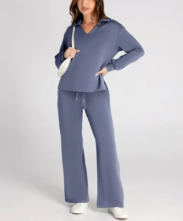 Versatile women's comfort set, featuring a stylish collared top and soft drawstring pants.