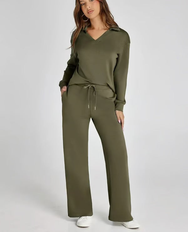 Stylish women's loungewear set with collared top & drawstring pants, perfect for casual elegance.