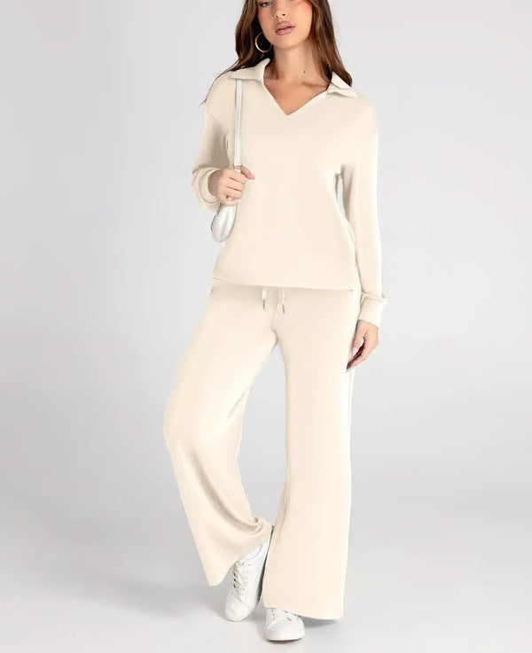 Women's collared loungewear set in a soft, breathable fabric for superior comfort.
