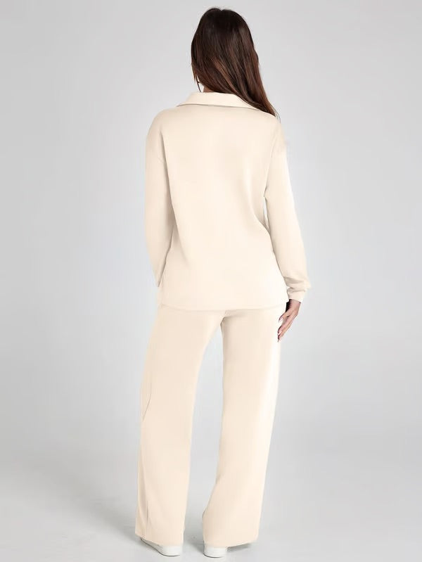 Stylish drawstring lounge set for women, a comfortable two-piece for elegant relaxation.