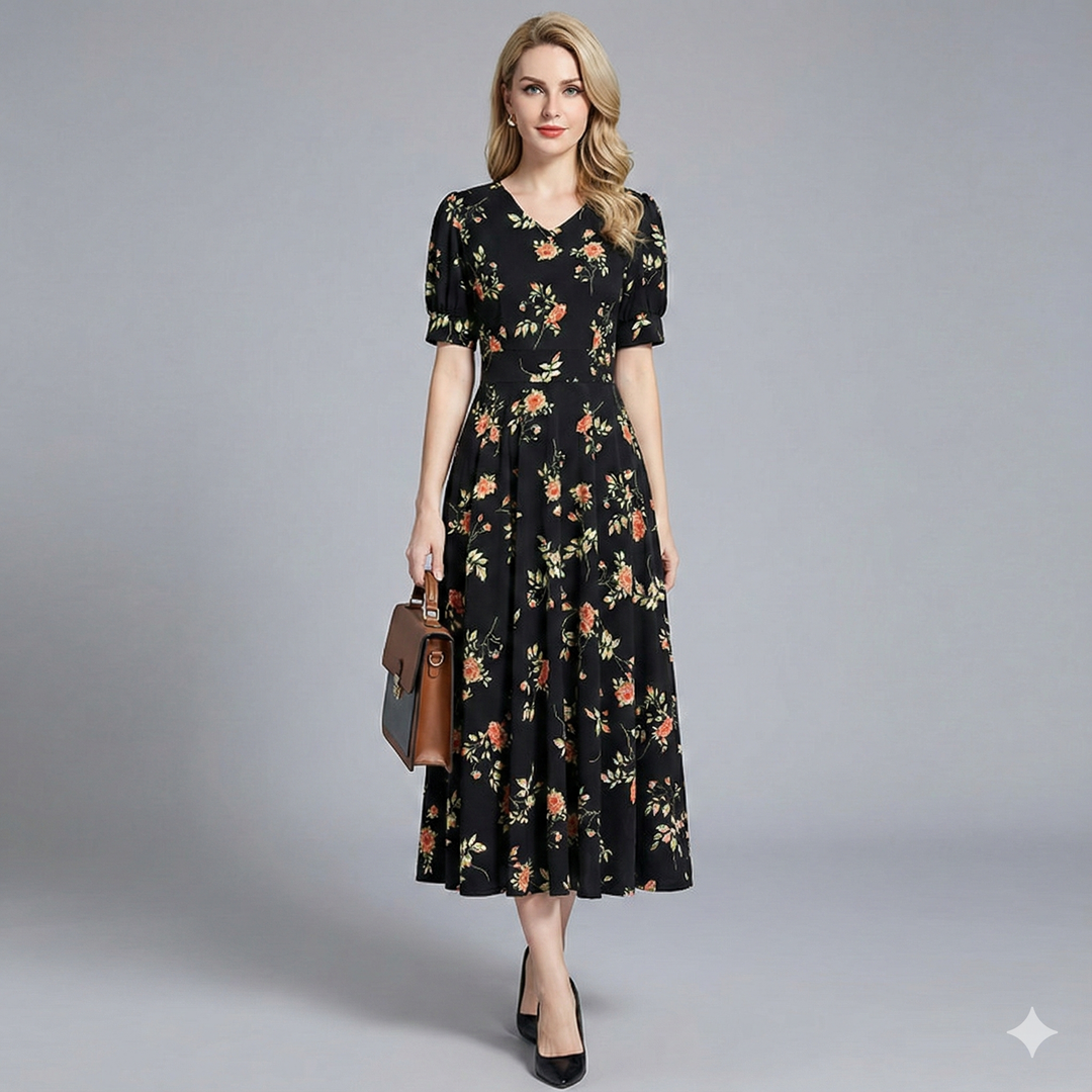 Women's elegant V-neck floral midi dress, perfect for wedding guests. Features beautiful summer print.