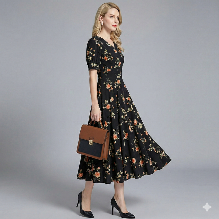 Close-up of vibrant floral print on a women's V-neck midi dress, ideal for summer wedding guest.