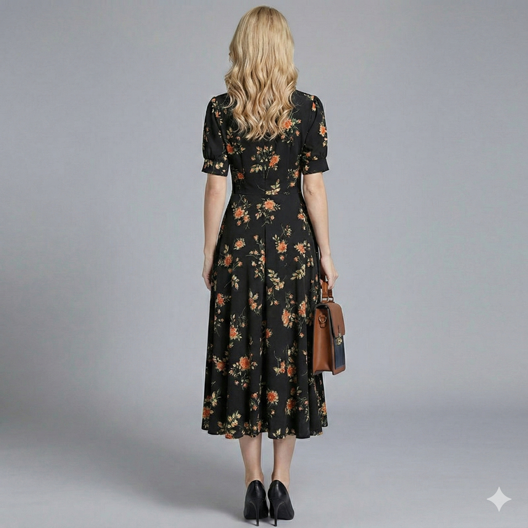 Stylish women's V-neck floral midi dress, designed for wedding guests. Elegant silhouette, perfect for any event.