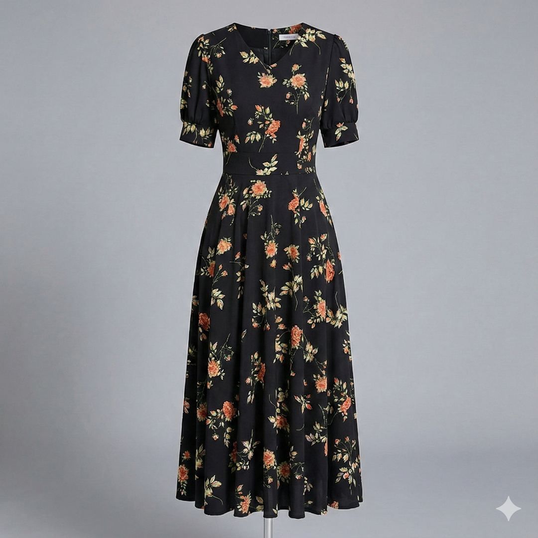 Woman wearing a chic V-neck floral midi dress, an elegant choice for a wedding guest or cocktail event.