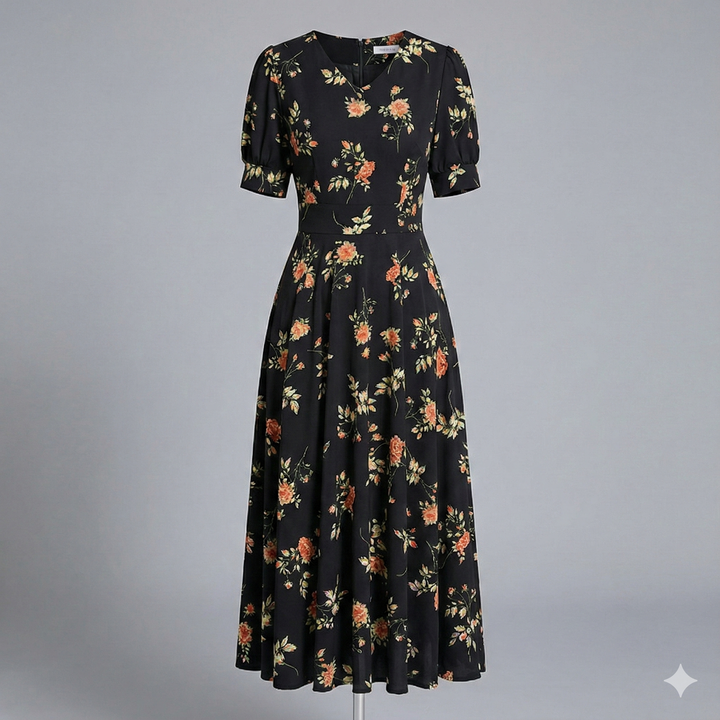 Woman wearing a chic V-neck floral midi dress, an elegant choice for a wedding guest or cocktail event.