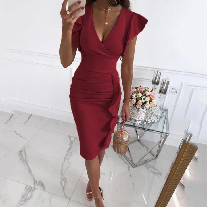 Elegant Maud V-neck dress for women, with chic pleated sleeves; a flattering choice for any event.