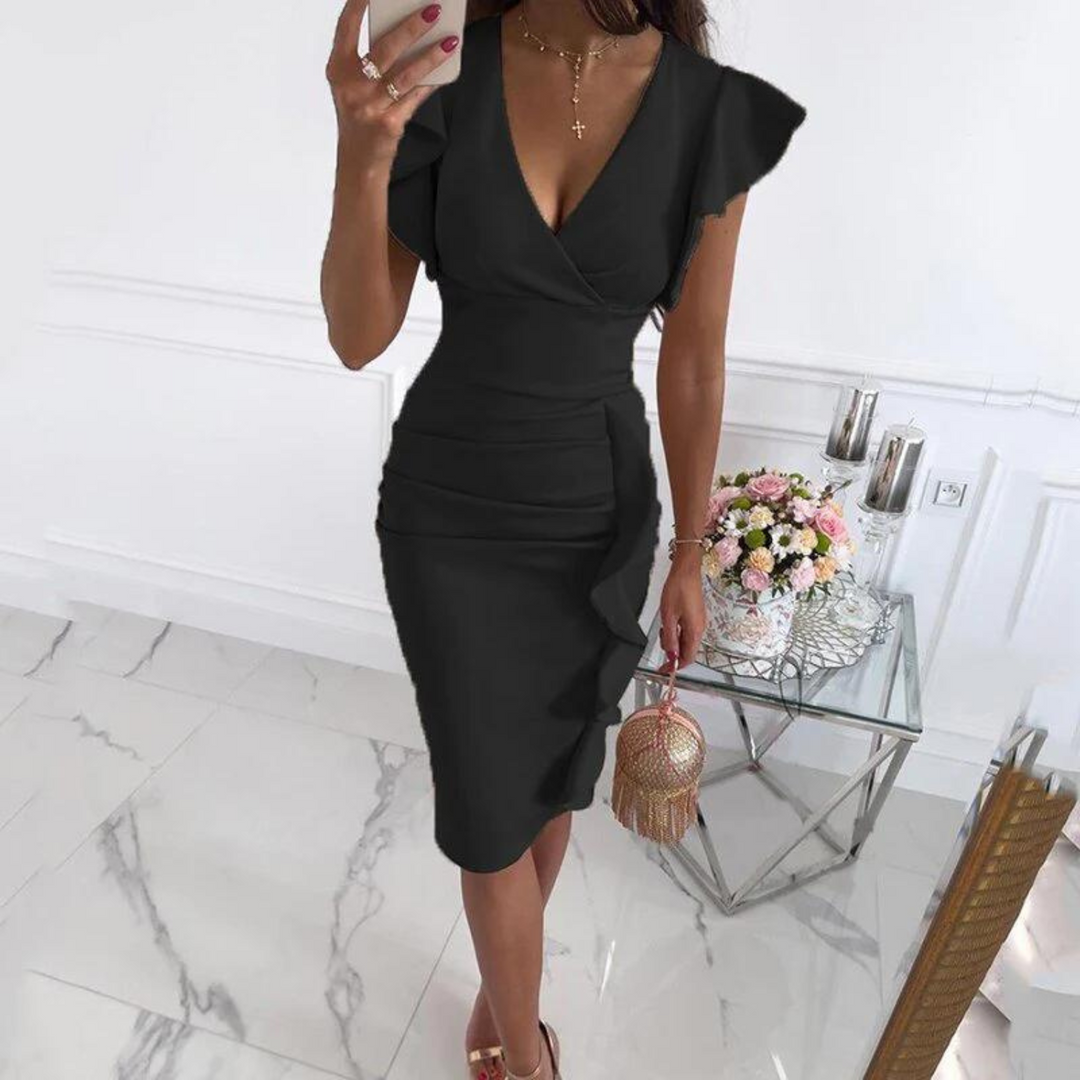 Fashionable V-neck dress for women, featuring elegant pleated sleeves and a flattering silhouette.