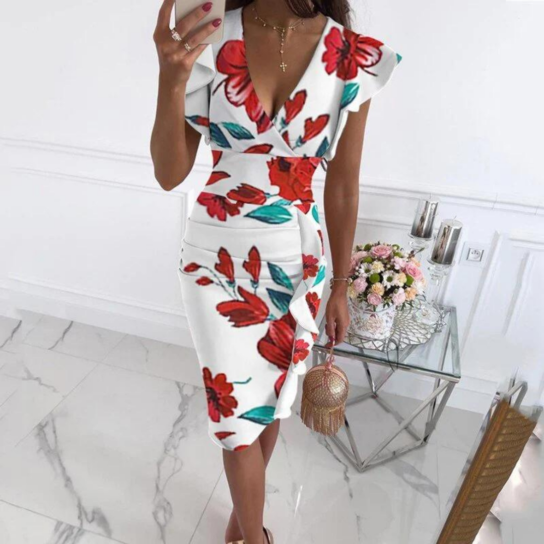Elegant women's V-neck dress with chic pleated sleeves, ideal for versatile occasion wear.
