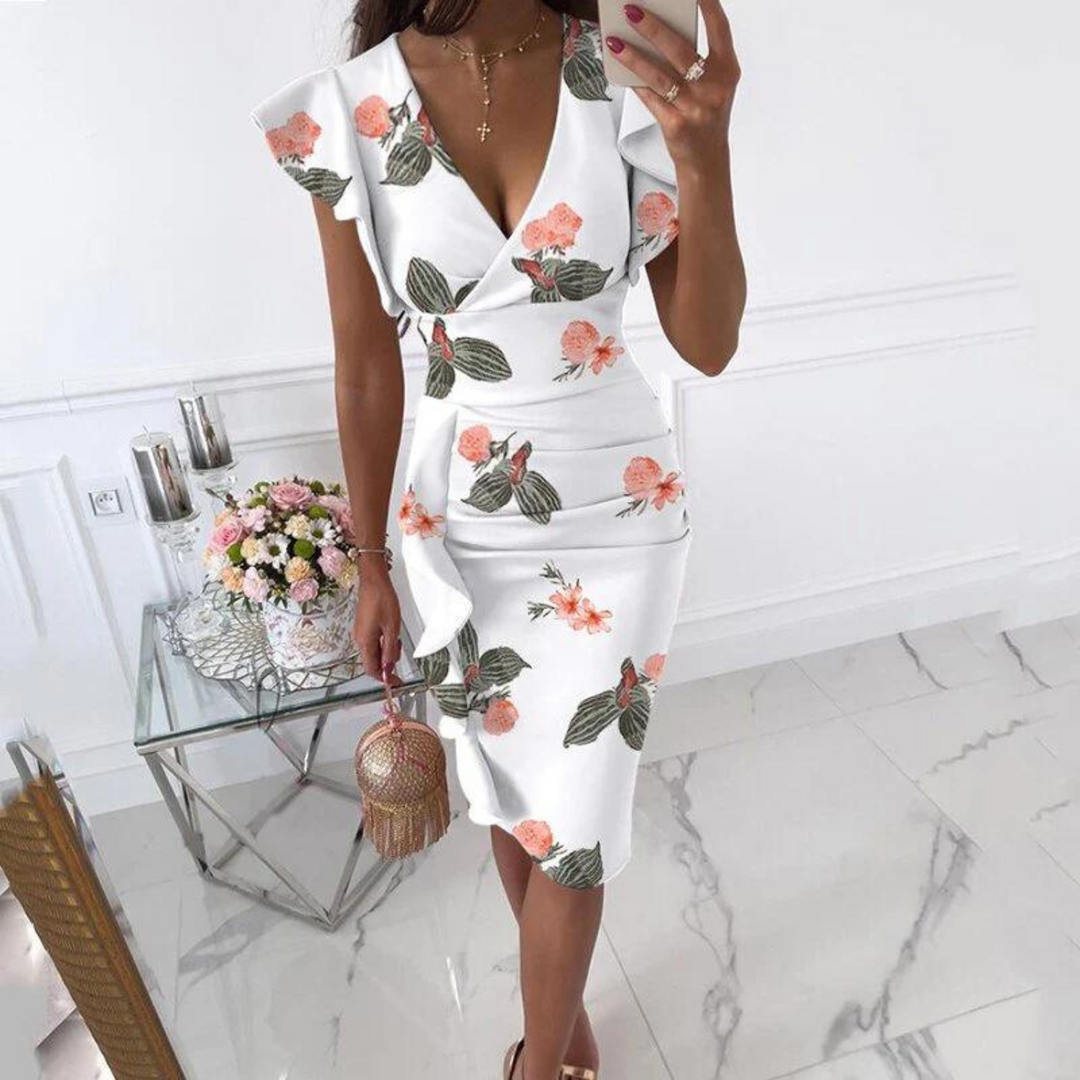 Women's elegant V-neck dress with unique pleated sleeves, a perfect stylish addition to any wardrobe.