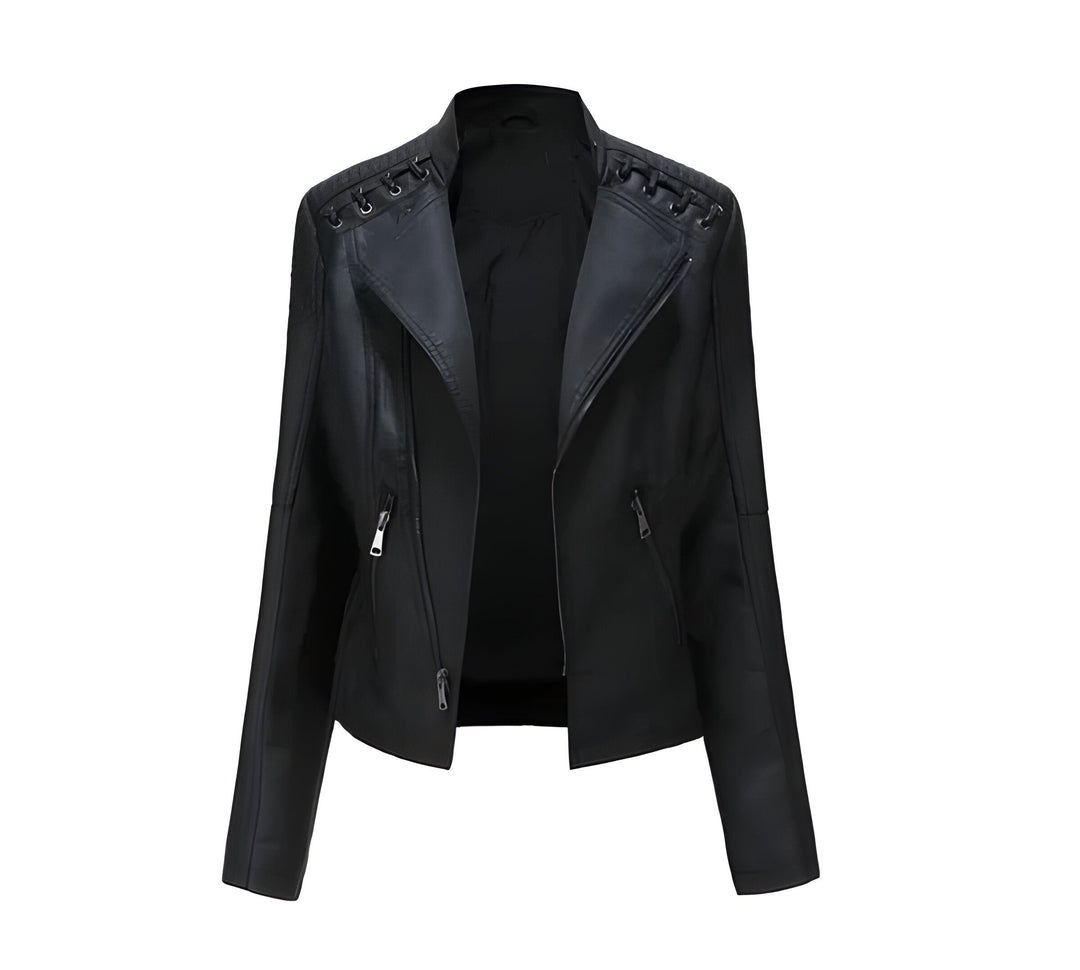 Chic women's lambskin leather jacket, vintage style, perfect for sophisticated office wear.