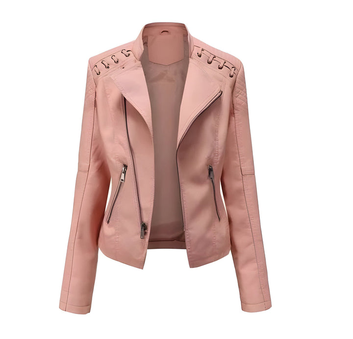 Classic women's lambskin leather jacket with vintage flair, perfect for sophisticated casual outfits.
