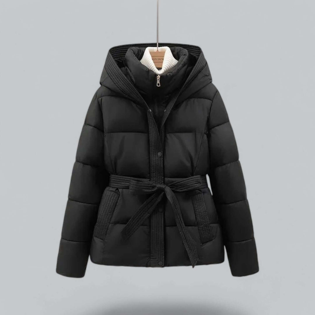 Women's elegant warm winter parka coat. Protective, broadcloth, belted jacket for cold weather fashion.