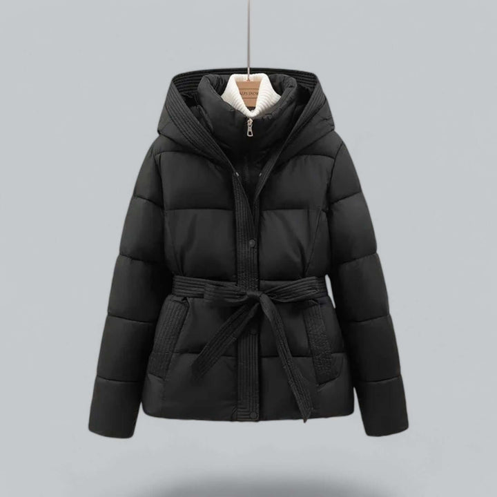 Women's elegant warm winter parka coat. Protective, broadcloth, belted jacket for cold weather fashion.