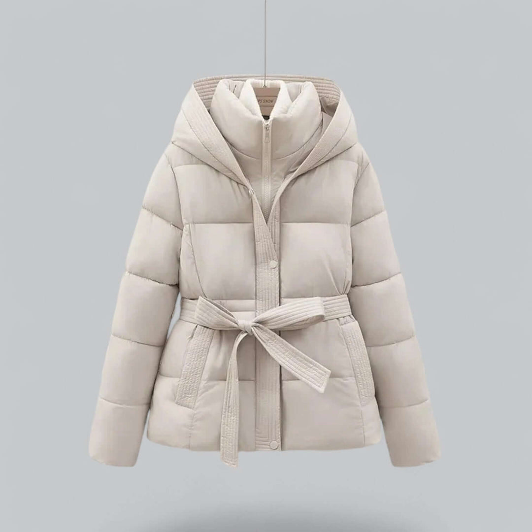 Women's warm, elegant winter parka jacket. Protective, broadcloth coat with a belt, ideal for cold weather fashion.