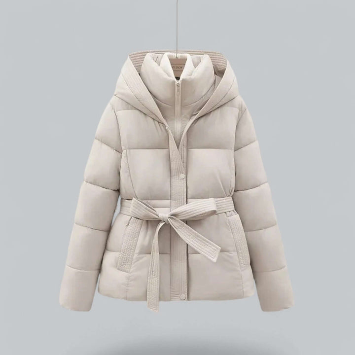Women's warm, elegant winter parka jacket. Protective, broadcloth coat with a belt, ideal for cold weather fashion.