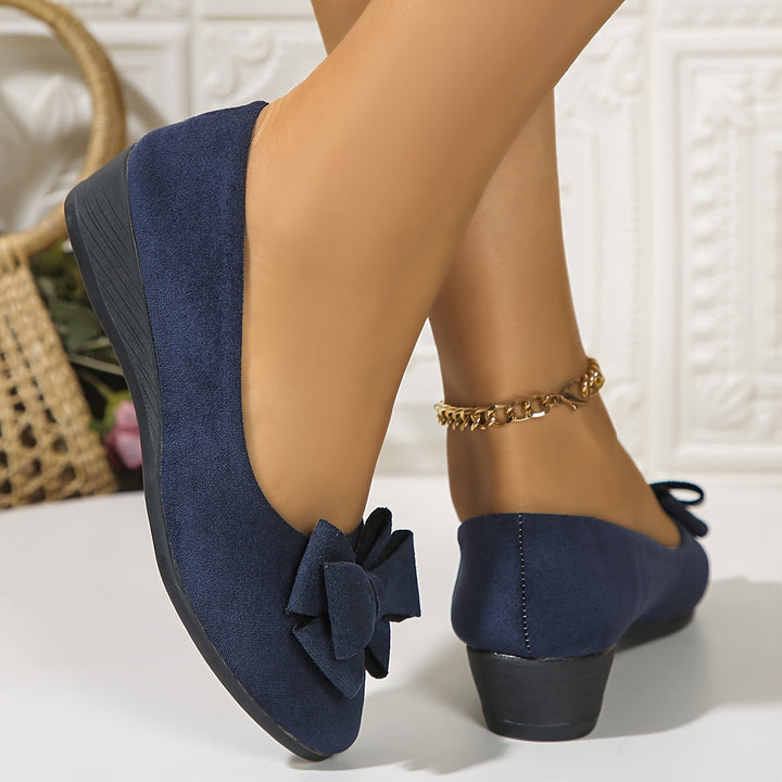 Women's casual wedge ballet flats, elegant slip-on with a cute bow.