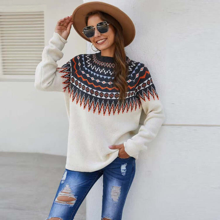 Chic women's knit sweater, long sleeve, round neck. Soft & cozy for casual or elegant fall/winter outfits.