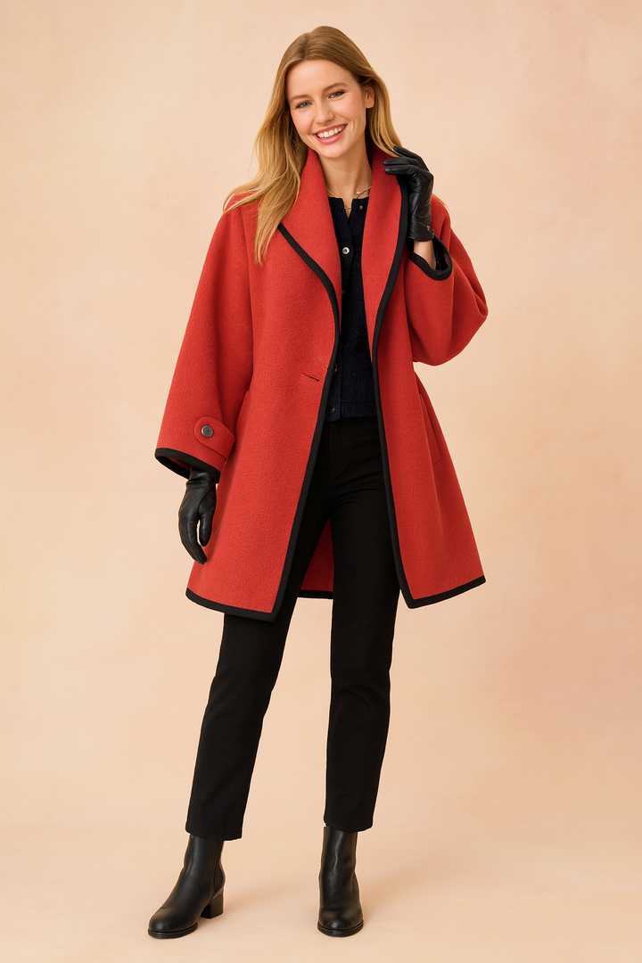 Women's long sleeve elegant winter jacket with sophisticated contrasting trim, for modern versatile style.