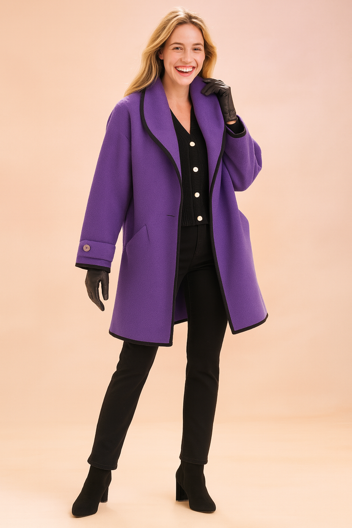 Fashion minimalism women's elegant jacket. Stylish outerwear with contrasting trim for a chic, modern look.