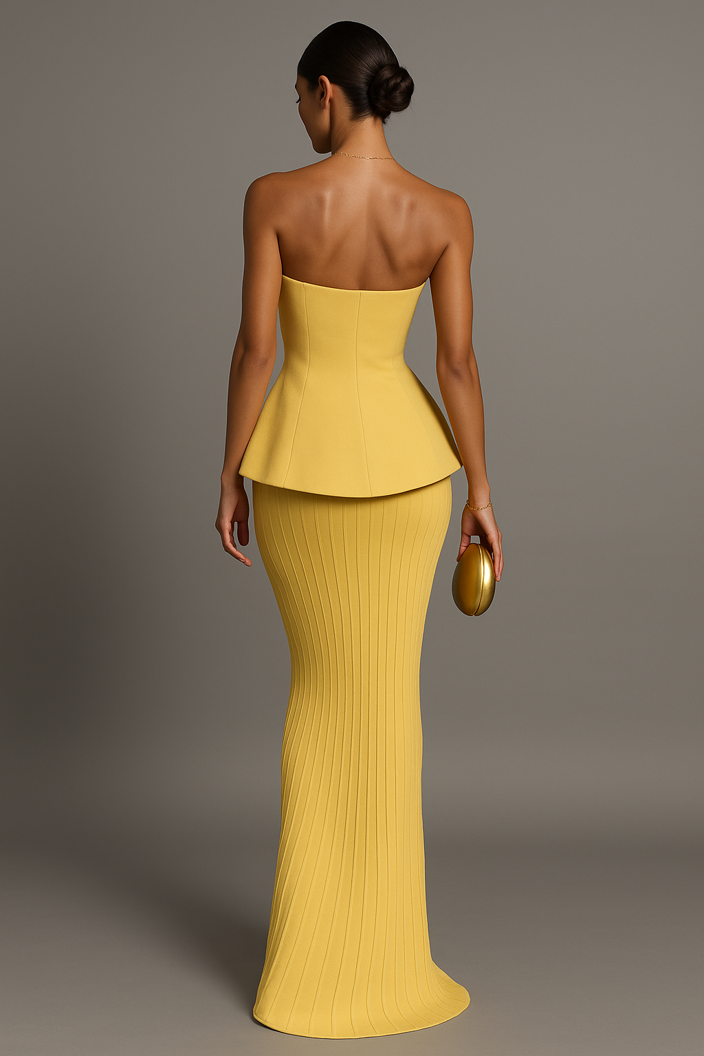 Flowing yellow strapless maxi dress for women. A beautiful formal gown for any elegant evening or special party.